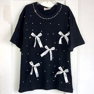 Black Short Sleeve Top with Bow Accents